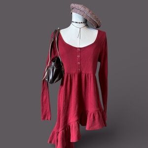 Red Long Sleeve Dress with Asymmetrical Hem
